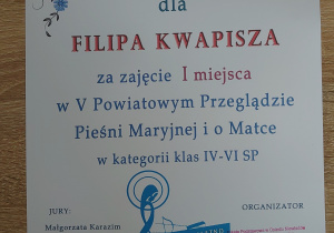 Dyplom dla Filipa Kwapisza za zajęcie I miejsca.